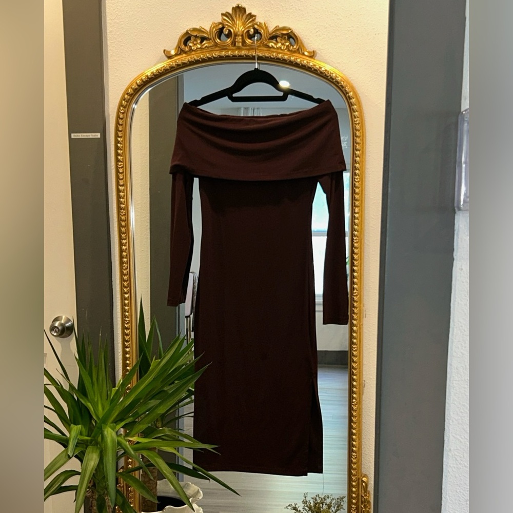 H&M Chic Off-Shoulder Dark Brown Dress